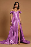 Golden Metallic Ruffled A Line Long Formal Dress with Slit
