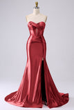 Fuchsia Strapless Satin Mermaid Corset Long PLus Size Prom Dress with Slit