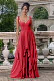 Fuchsia A Line Spaghetti Straps Long Bridesmaid Dress with Ruffles