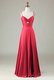 Keyhole Spaghetti Straps Plum Bridesmaid Dress with Slit