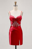 Royal Blue Satin Bodycon Ruched Short Corset Cocktail Dress with Slit