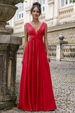 A-Line Eucalyptus V Neck Chiffon Long Bridesmaid Dress with Lace Up Back