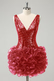 Glitter Fuchsia V Neck Sequins Cocktail Dress with Detachable Ruffles