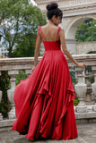 Fuchsia A Line Spaghetti Straps Long Bridesmaid Dress with Ruffles