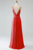 Pine A-Line Spaghetti Straps Pleated Chiffon Long Bridesmaid Dress