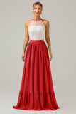 Peacock Halter Boho Chiffon Keyhole Long Bridesmaid Dress with Lace