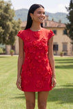 Yellow Round Neck Bodycon Short Formal Dress with 3D Flowers