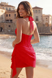 Halter Ruched Short Ivory Corset Graduation Dress with Ruffles