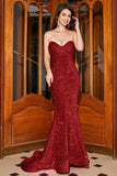 Red Mermaid Sweetheart Sweep Train Formal Dress With Sequins