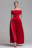 Off the Shoulder A Line Fuchsia and Red Color Block Long Formal Dress