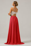 Open Back Peacock A-line Chiffon Long Boho Bridesmaid Dress with Lace