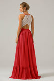 Peacock Halter Boho Chiffon Keyhole Long Bridesmaid Dress with Lace