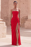 Light Pink Strapless Sheath Ruched Long Formal Dress with Slit
