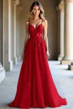 A Line Red Spaghetti Straps Sweetheart Long Formal Dress