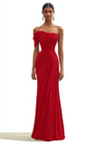 Zapaka Women Mermaid Red Formal Dress Satin One Shoulder Pleated Long Wedding Guest Dress
