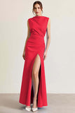 Sky Blue Satin Boat Neck Long Sheath Formal Dress with Slit