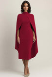 Burgundy Sheath High Neck Midi Cape Formal Dress