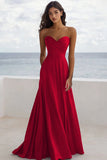 A Line Ruched Satin Burgundy Long Formal Dress