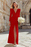 Simple Ivory Sheath Deep V-Neck Long Sleeves Wedding Dress with Slit