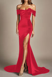 Red Mermaid Off the Shoulder Satin Formal Dress with Slit