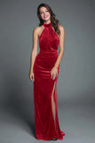 Halter Burgundy Velvet Sheath Ruched Formal Dress with Slit