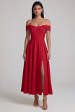 A-Line Off the Shoulder Yellow Corset Maxi Wedding Guest Dress with Slit