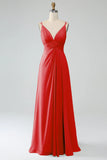 Pine A-Line Spaghetti Straps Pleated Chiffon Long Bridesmaid Dress