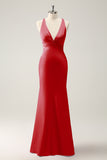 Terracotta Mermaid V Neck Satin Long Bridesmaid Dress