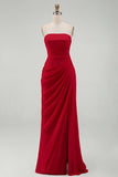 Light Pink Strapless Sheath Ruched Long Formal Dress with Slit