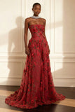 Strapless A-Line Purple Appliqued Long Formal Dress With 3D Flowers