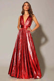 Golden Metallic A Line Pleated Formal Dress