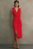 White Satin V-Neck Bodycon Long Formal Dress with Sash