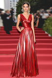 Sparkly Red Metallic V-Neck A Line Pleated Gala Dress
