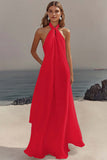 White Chiffon Sheath Halter Long Boho Formal Dress