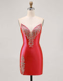 Sparkly Fuchsia Strapless Beaded Bodycon Short Cocktail Dress with Slit