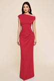 Black Satin Sheath Ruched One Shoulder Long Formal Dress