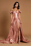Golden Metallic Ruffled A Line Long Formal Dress with Slit