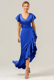 A Line Dusty Sage V Neck Satin Asymmetrical Bridesmaid Dress with Slit