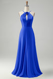 A-Line Fuchsia Halter Cut Out Long Bridesmaid Dress with Flower