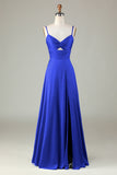 Keyhole Spaghetti Straps Plum Bridesmaid Dress with Slit