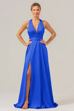 Dusty Blue A Line V-Neck Backless Satin Long Bridesmaid Dress with Slit