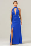 Fuchsia Sheath V-Neck Backless Long Bridesmaid Dress with Slit