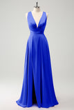 A-Line Dusty Blue V-Neck Backless Bridesmaid Dress with Slit