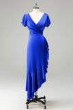 Peacock V-Neck Satin Sheath Wedding Guest Dress with Ruffles