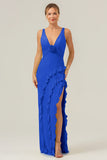 Dusty Blue Mermaid Deep V Neck Backless Long Bridesmaid Dress with Slit