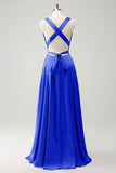 A-Line Dusty Blue V-Neck Backless Bridesmaid Dress with Slit