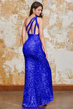 Sparkly Black One Shoulder Mermaid Sequins Choir Dress with Slit