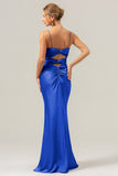 Dusty Blue Mermaid Spaghetti Straps Hollow Out Twist Front Bridesmaid Dress