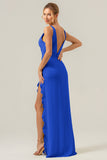 Mermaid Terracotta Deep V Neck Backless Long Bridesmaid Dress with Slit