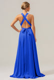 A Line Terracotta V-Neck Backless Satin Long Bridesmaid Dress with Slit